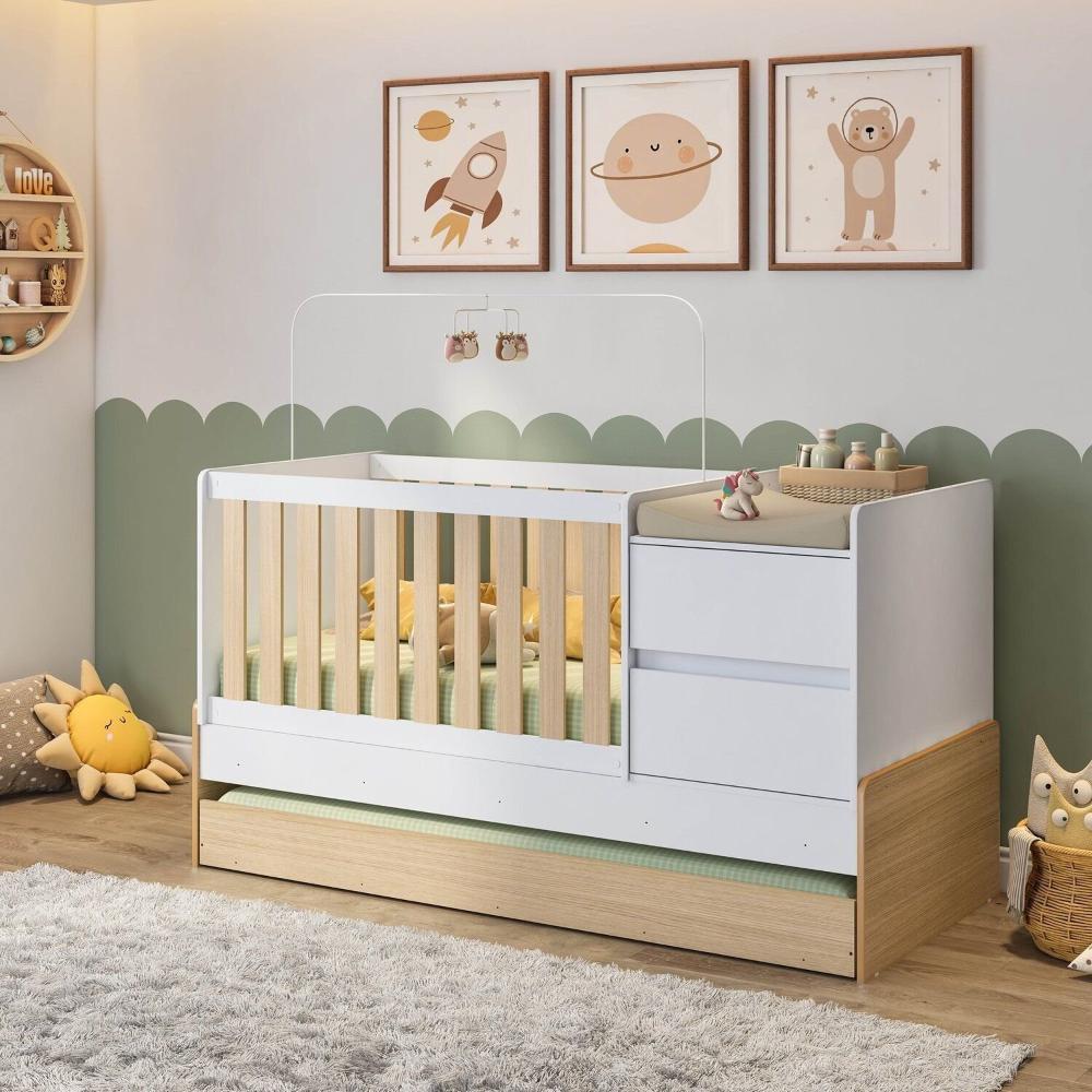 Miniatura Berço Cama Multifuncional Auri com 2 Gavetas e Cama Auxiliar Casatema Carvalho Mel/Branco