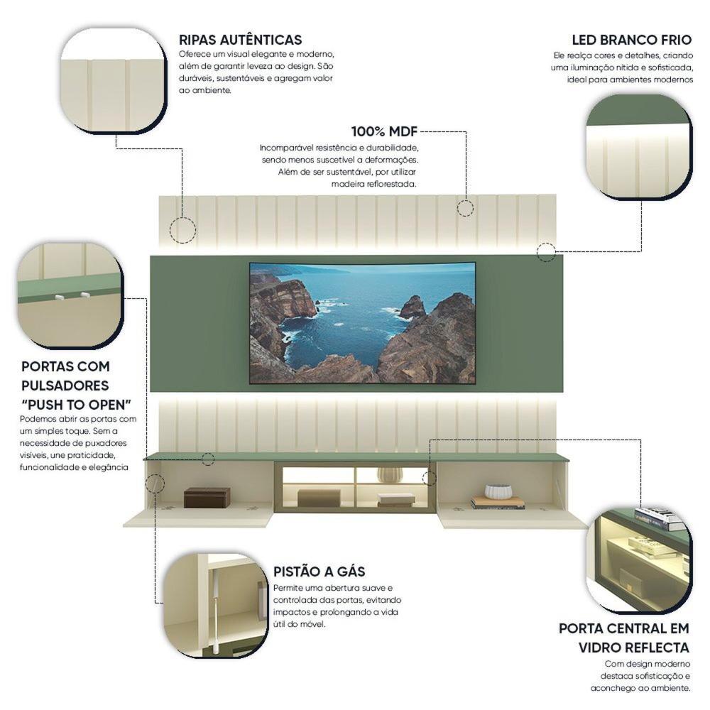 Estante Home para Tv até 85 Polegadas com Led 230cm Soberano Reflecta Off White/Verde