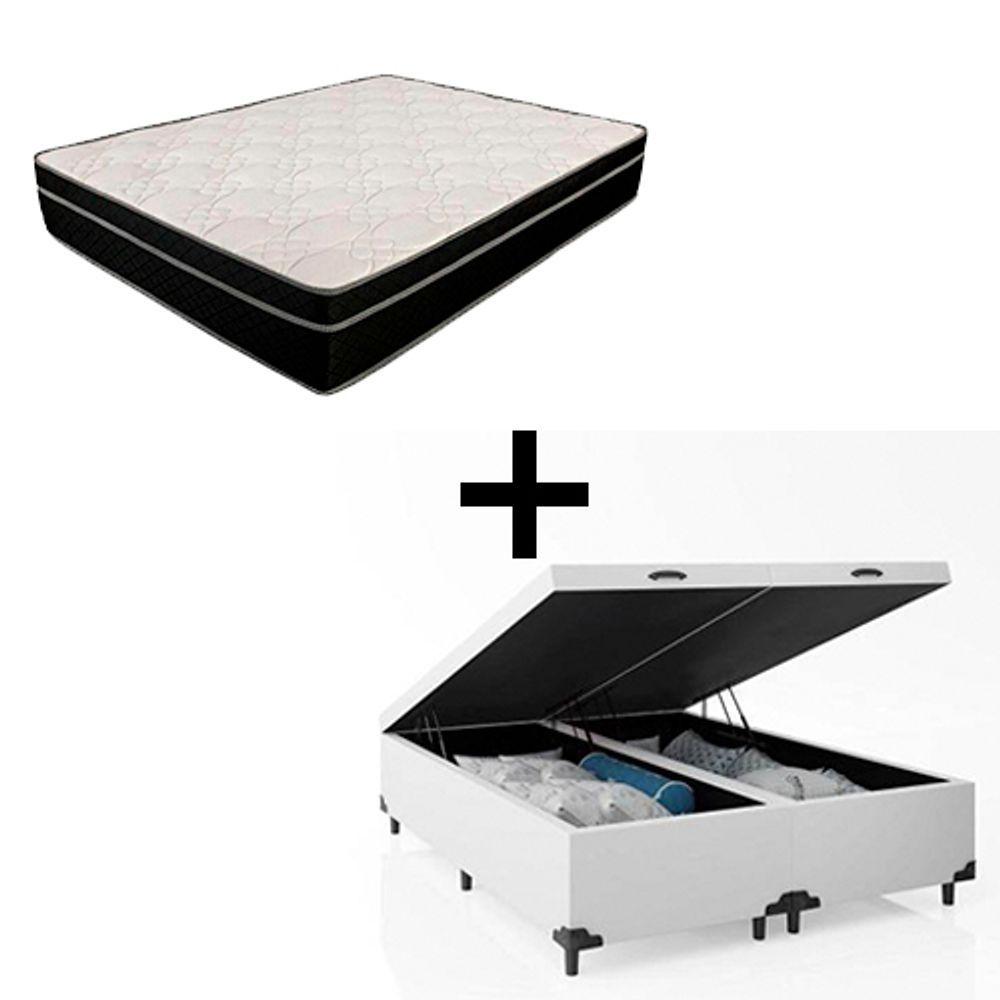 Miniatura Cama Box Baú Queen 158 Bipartido Tecido Branco Com Colchão Paris Molas Preto 67x158x198