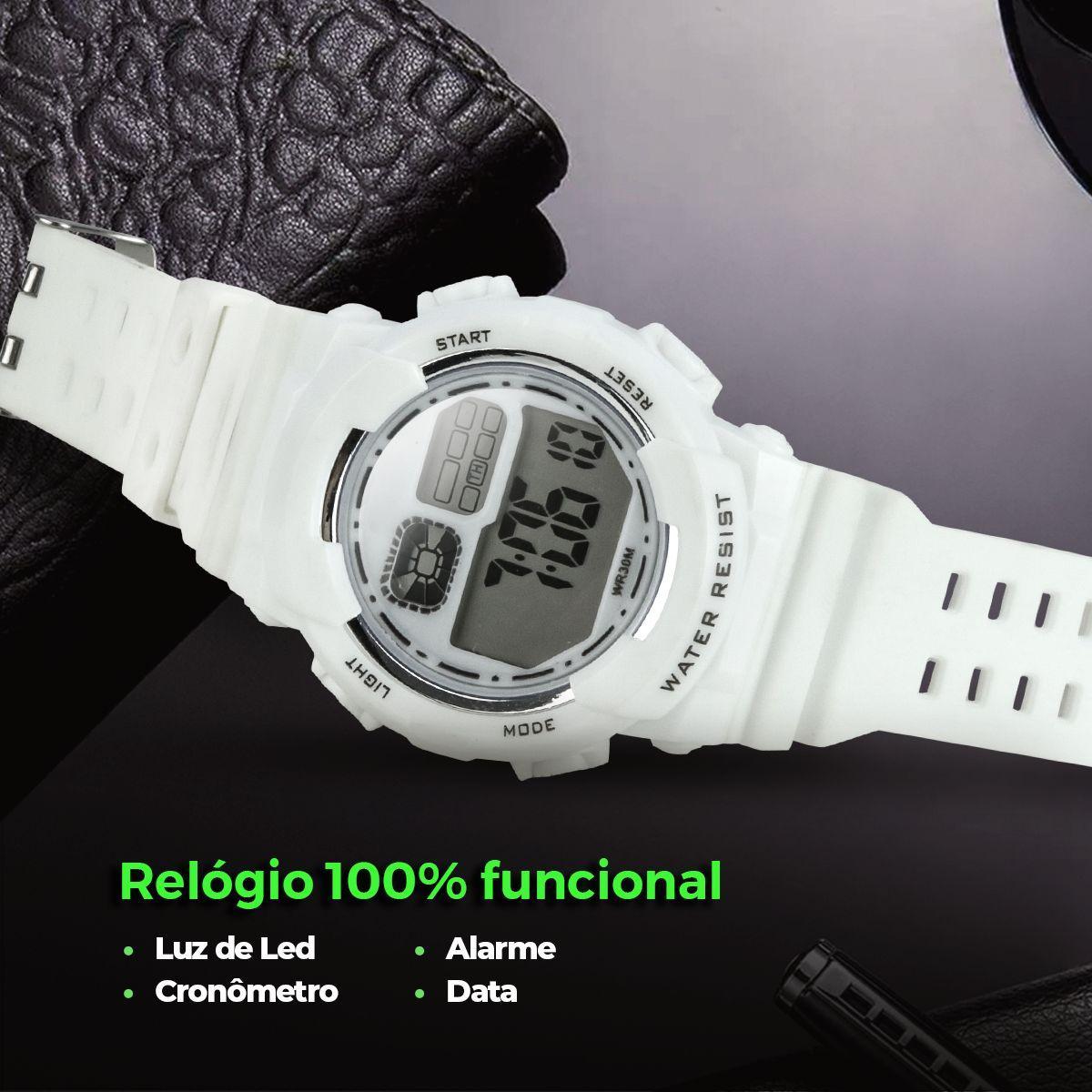 Miniatura Relogio Digital Menino Branco Infantil + Oculos Sol + Caixa
