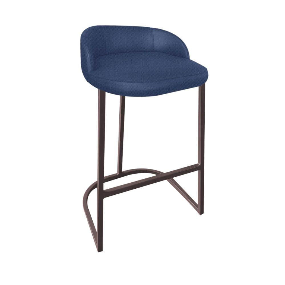 Miniatura Banqueta Betyna Com Encosto Alta Cozinha Bar Balcão Ferro Marrom Linho Azul Marinho - Amey Decor