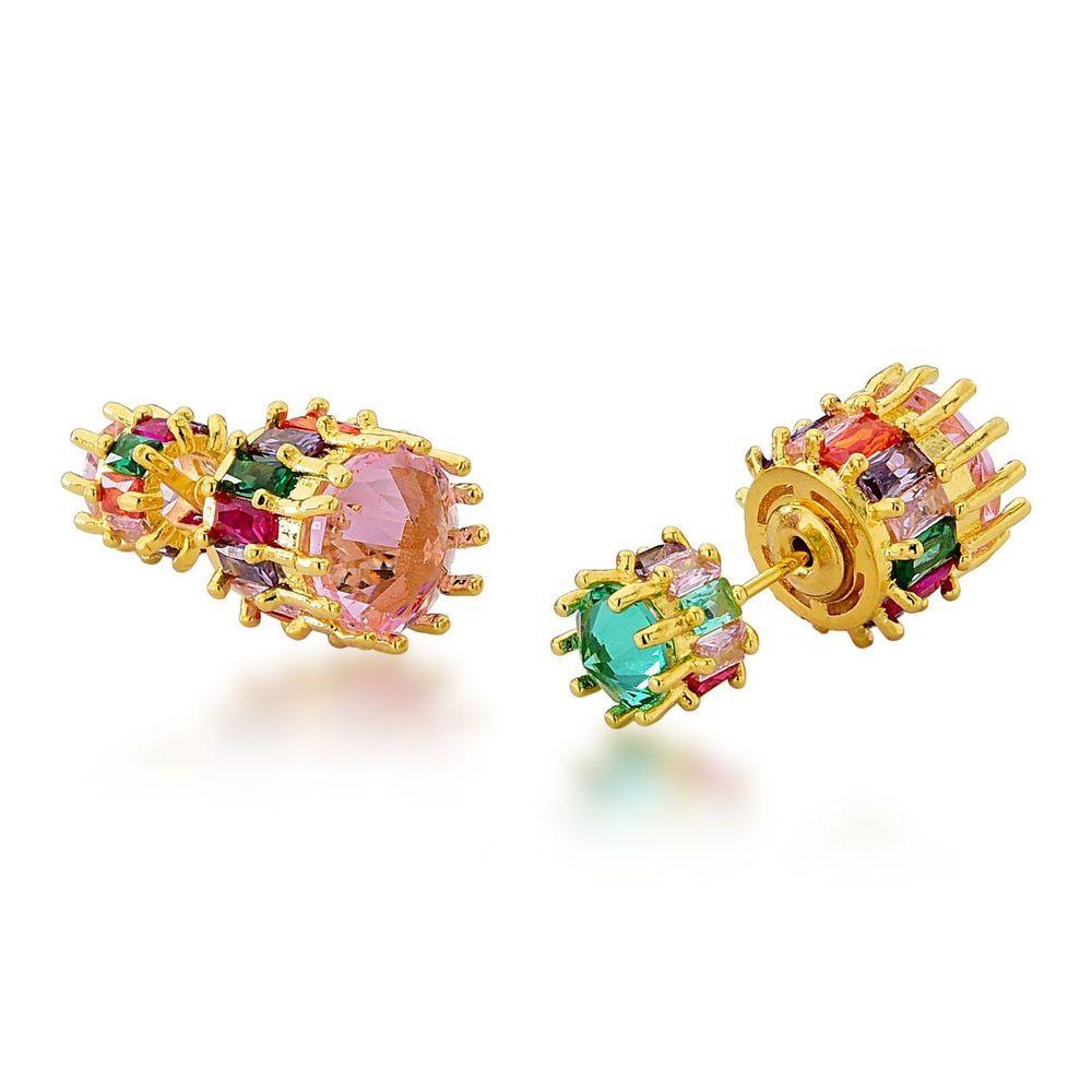 Miniatura Brinco Colorido Delicado, Cravejado Com Zirconias Banhado A Ouro 18k - Rosa