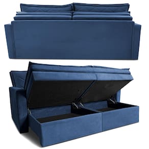 Miniatura Sofá 3 Lugares Cama inBox Marselha com 180 cm de Largura, Retrátil, com Baú e Revestimento Suede Velusoft Azul