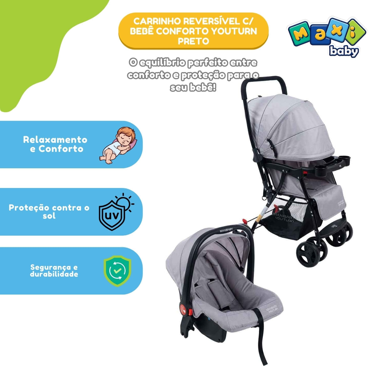 Miniatura Carrinho de Bebê com Bebê Conforto 2 em 1 Youturn Maxi Baby Cinza
