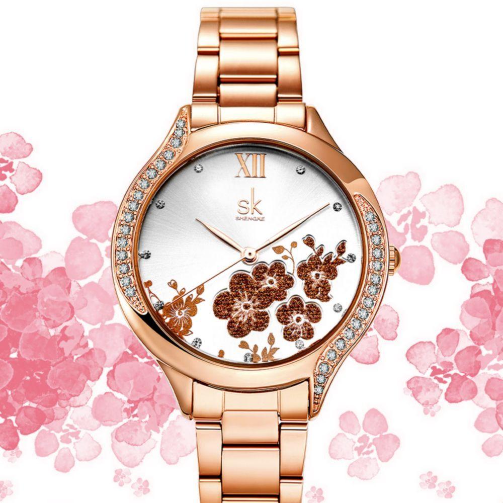 Miniatura Relógio Feminino Moda Elegante Flores Pulseira Em Inoxidável