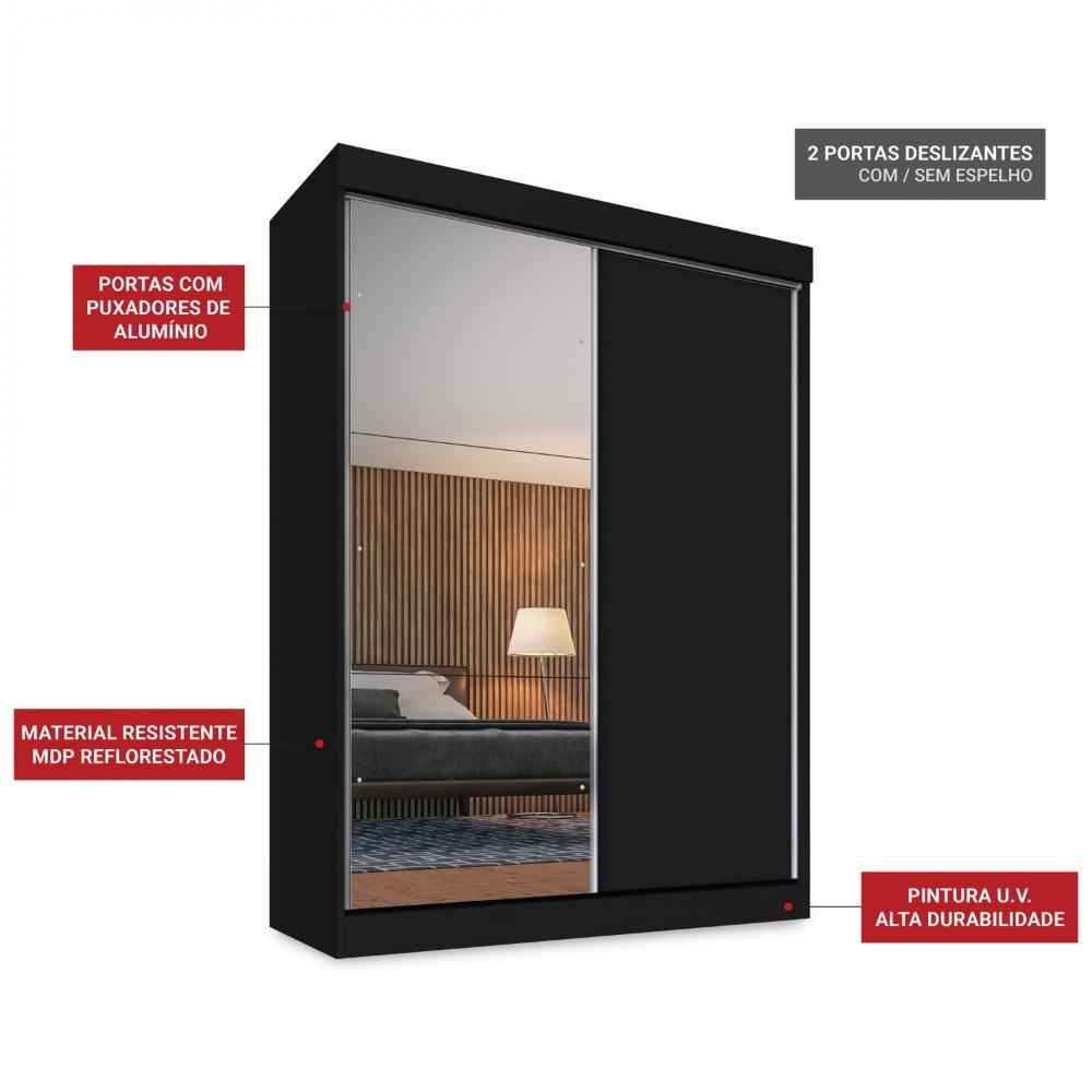 Miniatura Guarda Roupa Solteiro 2 Portas de Correr 2 Gavetas e Espelho Peônia Yescasa Preto