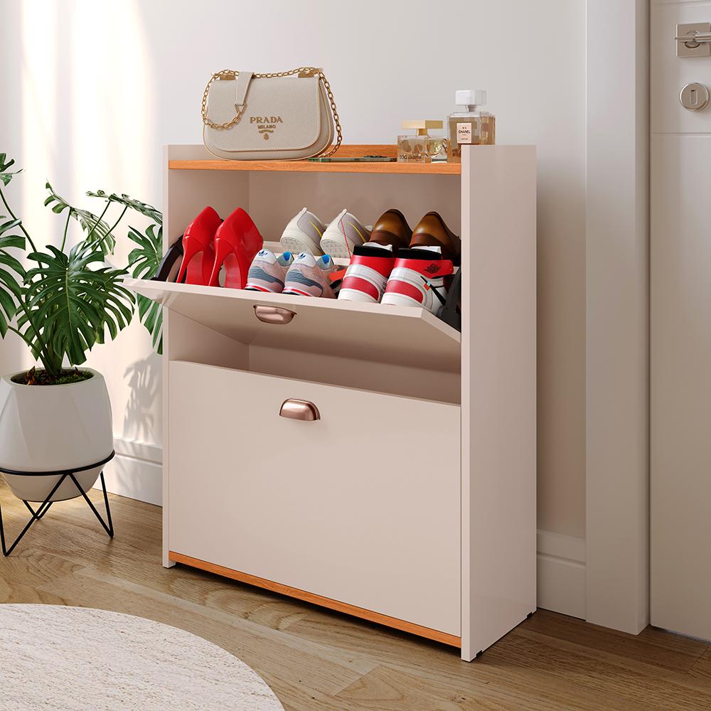 Miniatura Sapateira Closet Vertical Organizadora 12 Pares Calçados Unissex Prateleira 2 Andares Gavetas Basculante Off White/Cinamomo - Lojas RPM