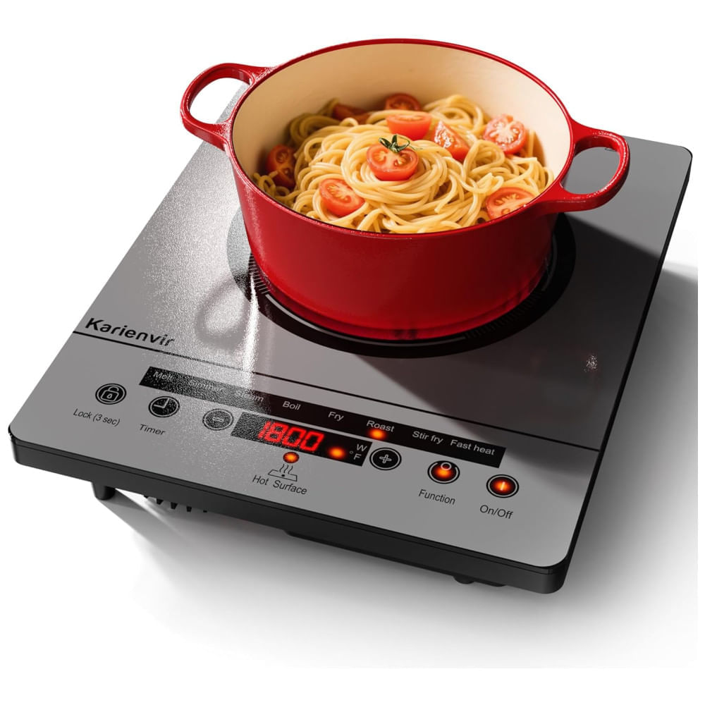 Miniatura Cooktop Elétrico de Uma Boca, Fogão Elétrico Portátil 110V, Controle por Toque, Trava de Segurança, Timer - Níveis de Potência, 1800W Cinza,Karienvir