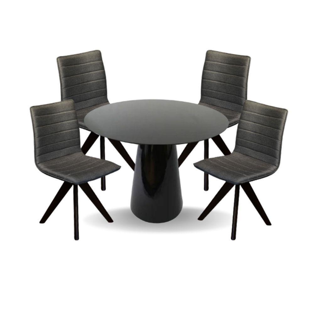Miniatura Conjunto Mesa De Jantar Cone 110 Cm Preta Com Cadeiras Giratória Em Tecido Cinza Chumbo Preto