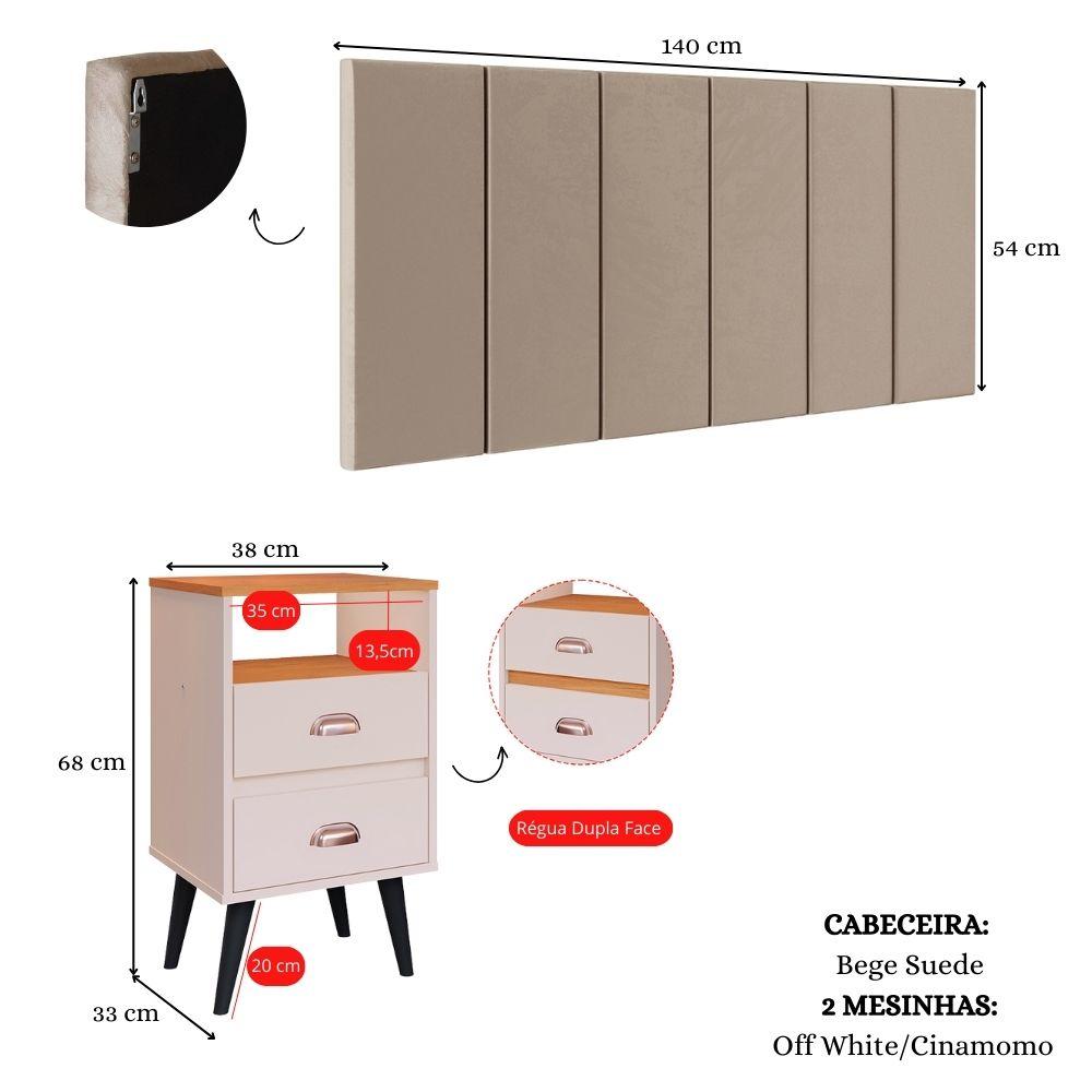 Miniatura Cabeceira Estofada Modular Box Casal 1,40 Julia Bege Jogo 2 Mesinha Pequena Gaveta Nicho Canto Lateral Cama Off White/Cinamomo Classic New-RPM