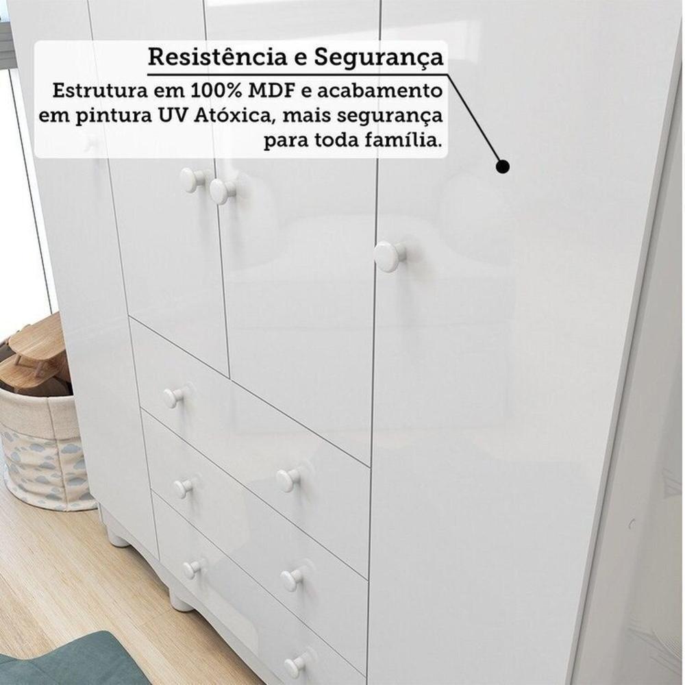 Quarto de Bebê Completo Berço Minicama Guarda-roupa 4 Portas e Cômoda 100% Mdf Nina Espresso Móveis Branco Brilho