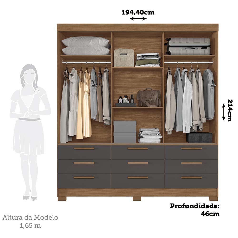 Miniatura Guarda-roupa Casal 194,40 3 Portas 9 Gavetas Com Espelho Dante Estilo Mm Jatoba/grafitte