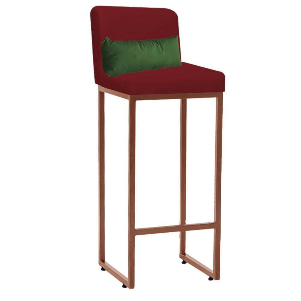 Miniatura Banqueta Alta Com Encosto Industrial Ferro Bronze Suede Vermelho E Almofada Verde - Amey Decor