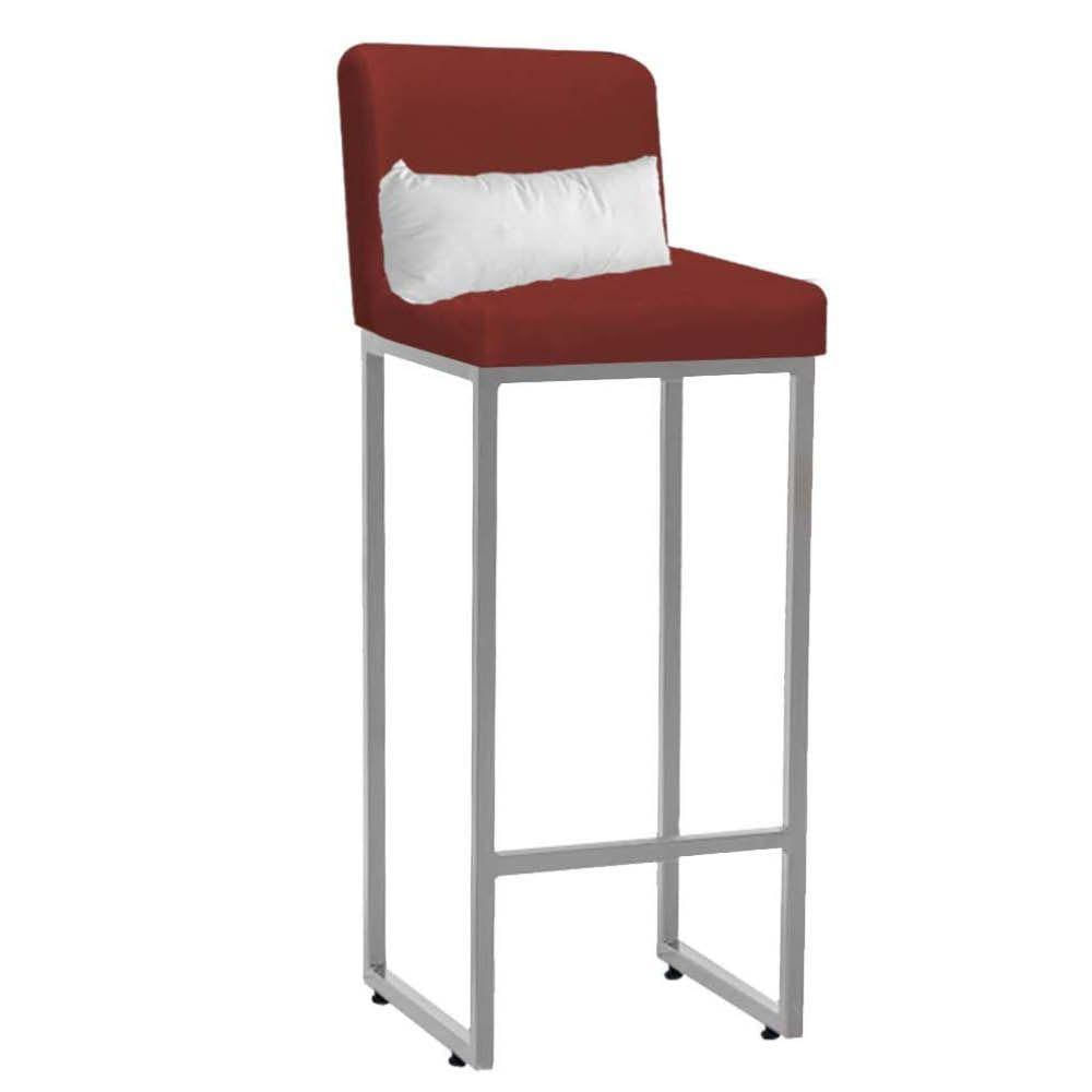 Miniatura Banqueta Alta Com Encosto Industrial Ferro Cinza Corino Vermelho E Almofada Branco - Amey Decor