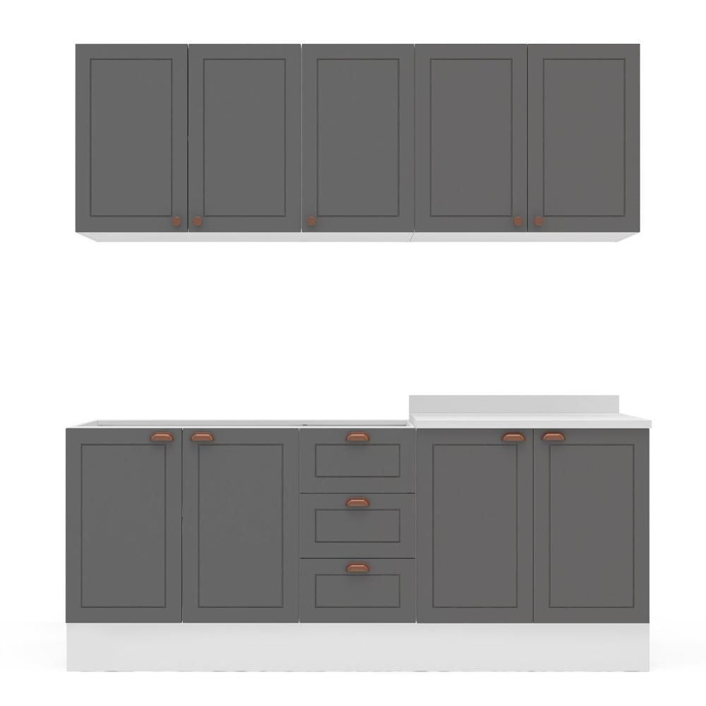 Miniatura Cozinha Pérola com Rodapé 4 Peças Aéreos com 5 Portas, Balcão 2 Gavetas 3 Portas e Balcão 2 Portas Y Branco/Cinza