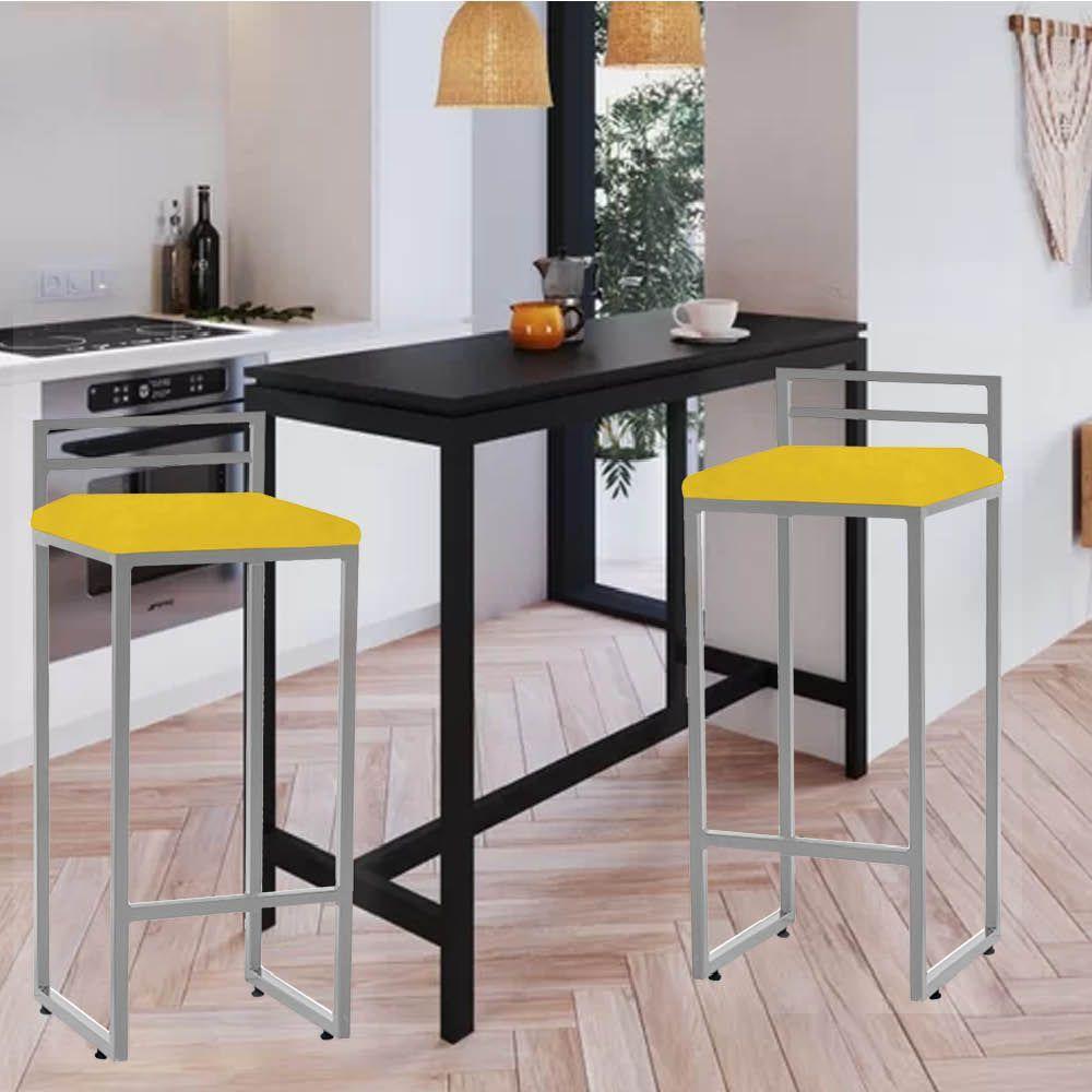 Miniatura Banqueta Alta Com Encosto Petra Balcão Bar Cozinha Bistrô Ferro Cinza Corino Amarelo