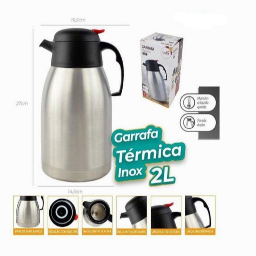 Miniatura Garrafa Termica 2 Litros Inox Jarra Isotermica Grande 2000ml Bule Cafe Cha 2l Quente Fria