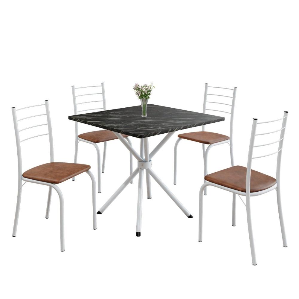 Miniatura Conjunto Sala de Jantar Mesa Quadrada 70x70cm Tampo Ardósia Indiana 4 Cadeiras Rio C. Marrom / Branco