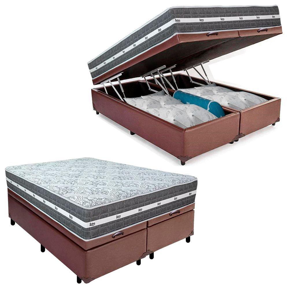 Miniatura Cama Box Baú Casal Bipartido Sintético + Colchão Anjos Black Graphite Molas Ensacadas 138x188x64cm Marrom