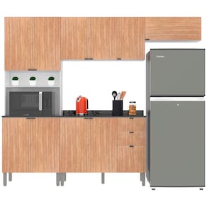 Miniatura Cozinha Completa Bartira Joy com 11 Portas, 2 Gavetas, 5 Prateleiras e Nicho para Micro-ondas - 244,5cm de largura Branco/Damasco