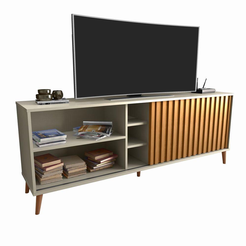 Miniatura Rack Bacada Sala Para Tv Até 50 Polegadas Com Porta Ripada Luara 160x60cm Off White / Ipê