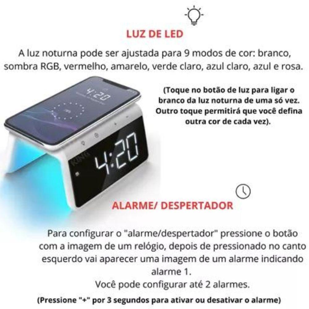 Carregador Indução Relógio Digital Com Abajur Led Colorido Premium Branco