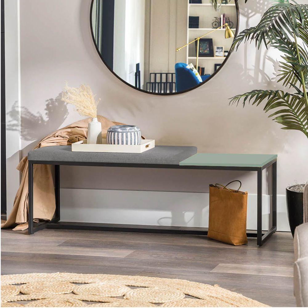 Miniatura Banco Recamier Puff 160cm Industrial Preto Suede Cinza Tampo Quadrado Mdf Verde