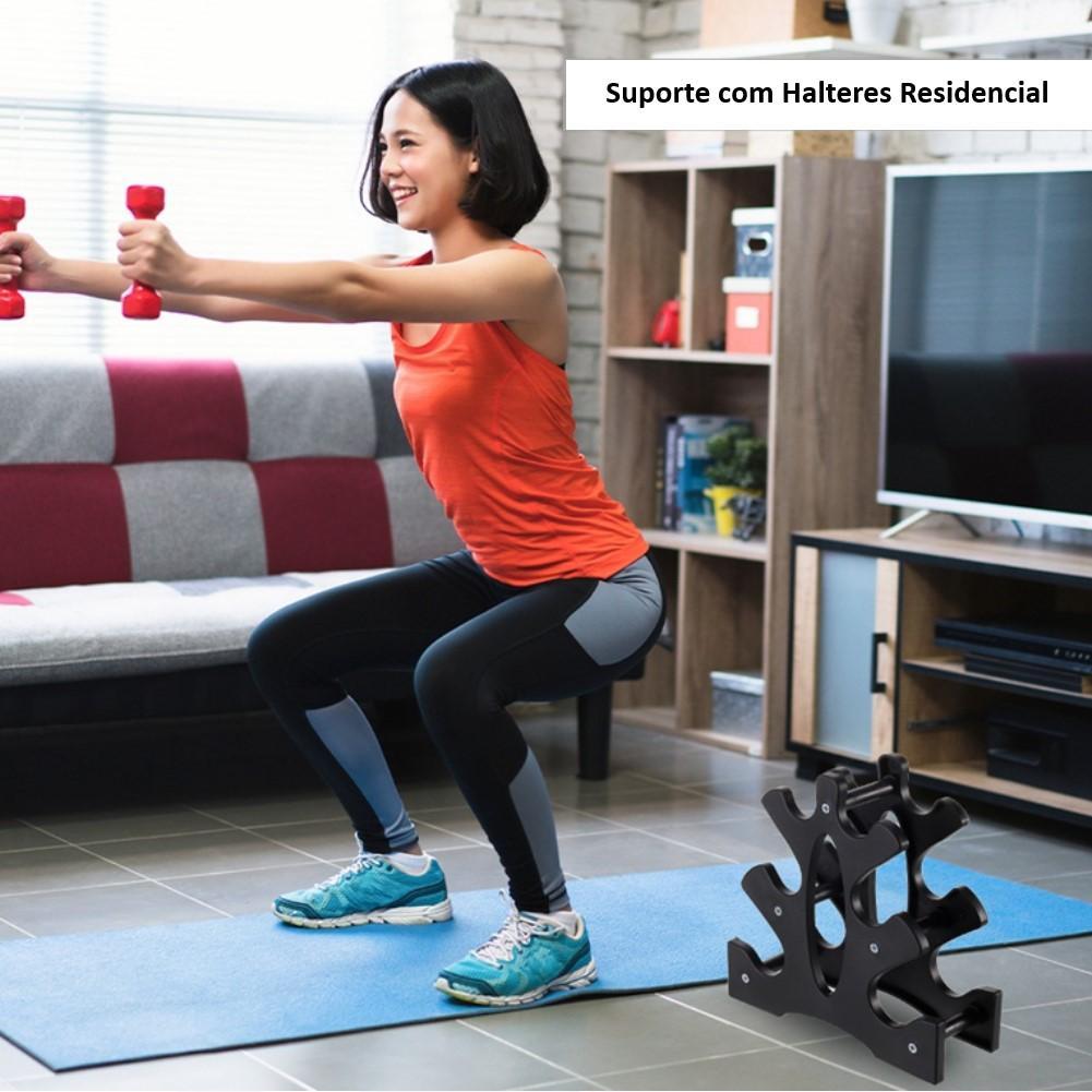 Miniatura Kit 3 Halteres Sextavados Peso Academia + Suporte 12Kg