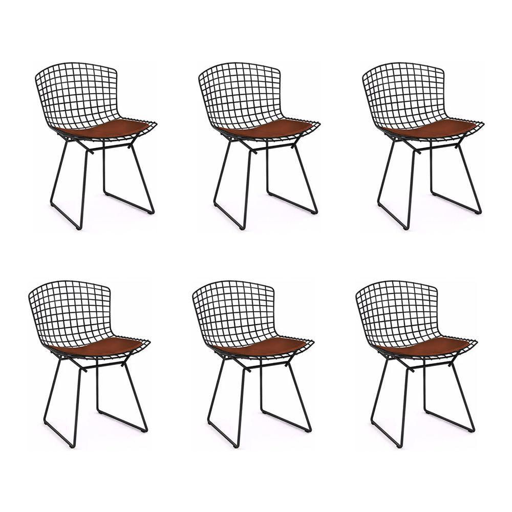 Miniatura Kit 6 Cadeiras Bertoia Preta Com Assento Marrom Cor Marrom