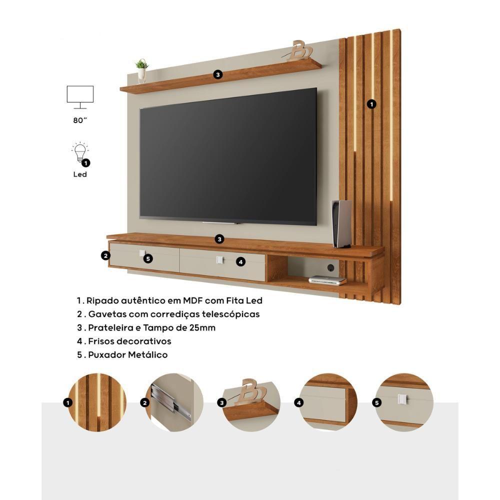 Miniatura Painel Para Tv Até 80 Polegadas Com Ripado Fita Led E 2 Gavetas Multimóveis Cr45285 Off White/naturalle