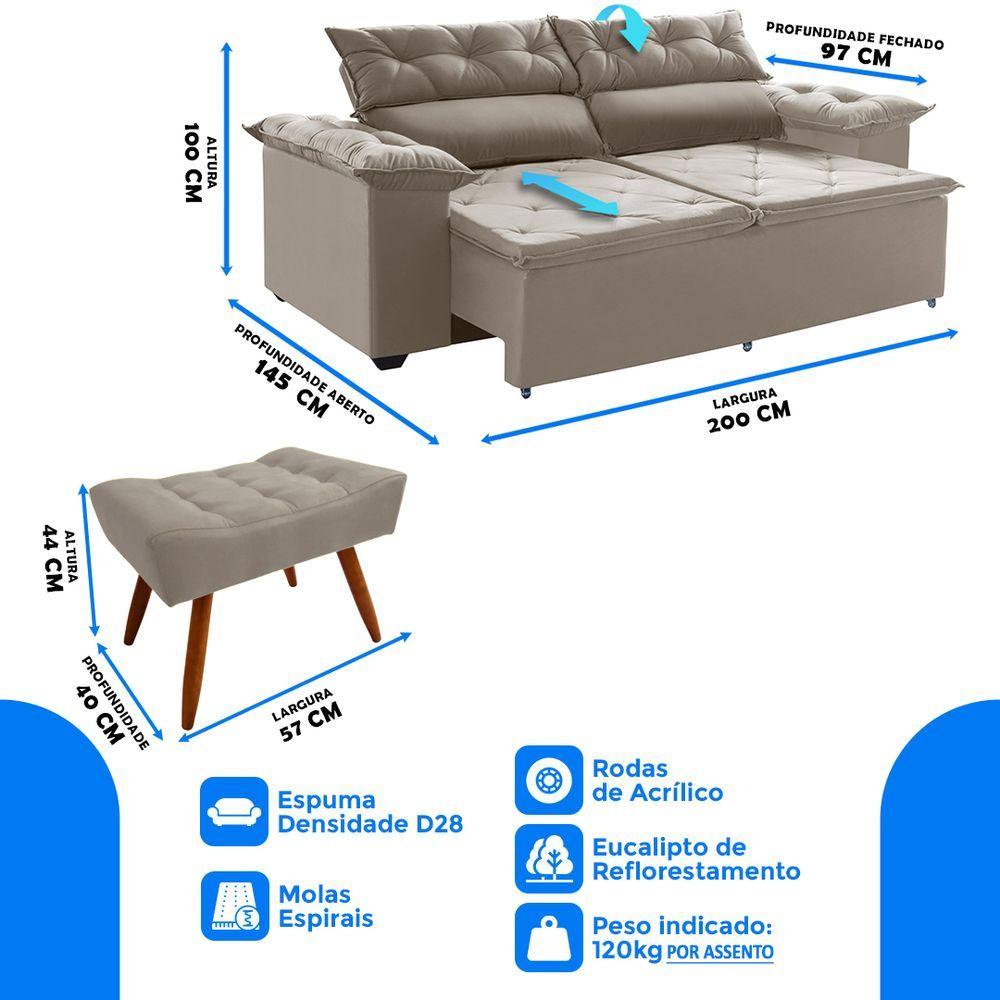 Miniatura Jogo Sofá 200 Retrátil Cm Molas Espirais Com 2 Puffs