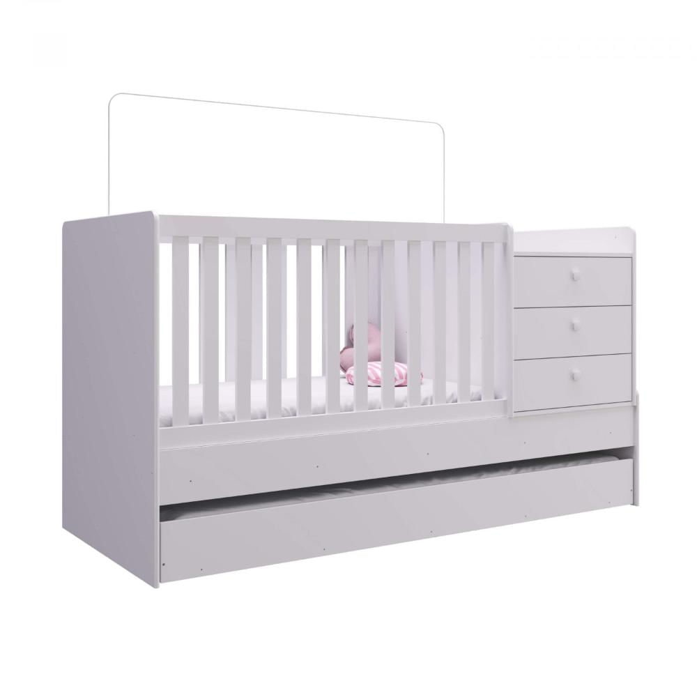 Miniatura Berço Cama Multifuncional com Cama Auxiliar 3 Gavetas Completa Móveis Branco