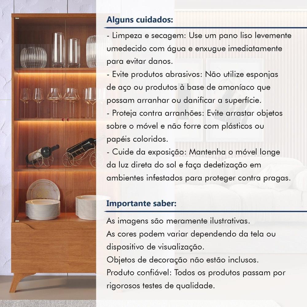 Cristaleira 2 Portas 1 Gaveta 3 Prateleiras com Led Pés em Madeira Maciça Grecia New Naturalle