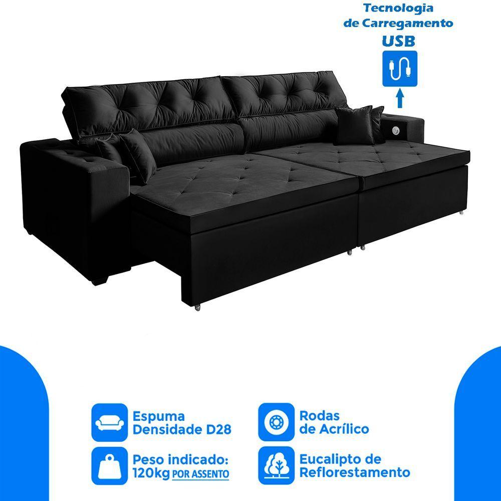 Miniatura Sofá 4 Lugares Smart 262cm Retrátil Carregamento Usb Preto