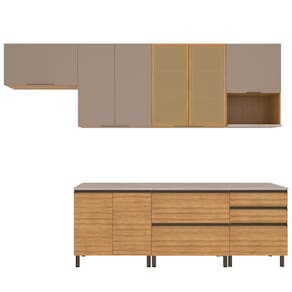 Miniatura Cozinha Completa Bartira Cristal 300cm com 8 Portas 5 Gavetas e Nicho Micro-ondas Lâmina Mel e Nude