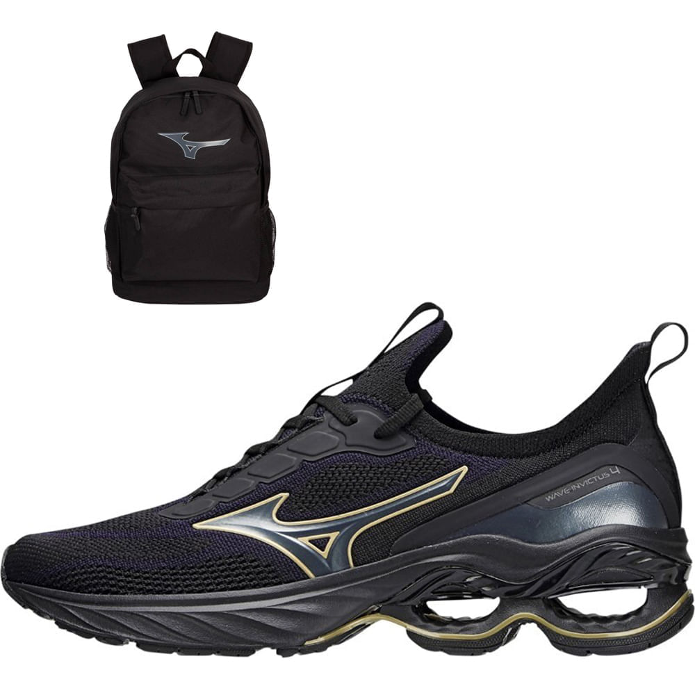 Miniatura Kit 1 Tênis masculino Mizuno de corrida Wave Invictus 4 e 1 mochila Energy Preto - 39