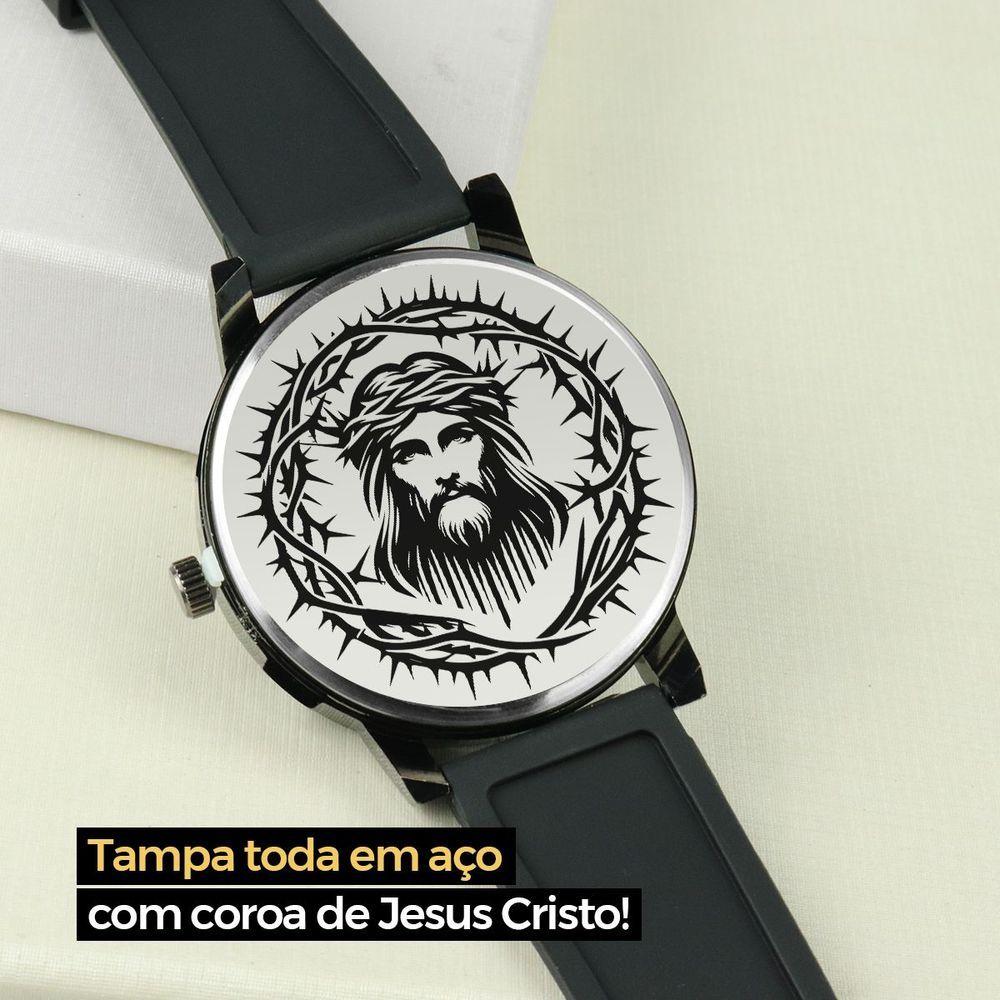 Miniatura Relogio Masculino Aco Preto + Cordao Crucifixo Robusto Preto