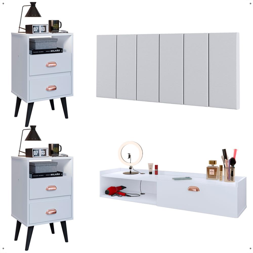 Miniatura Kit 2 Mesas Cabeceira Penteadeira Suspensa Classic Branco Cabeceira Júlia 1,60 Cama Box Queen Size Corino - Lojas RPM