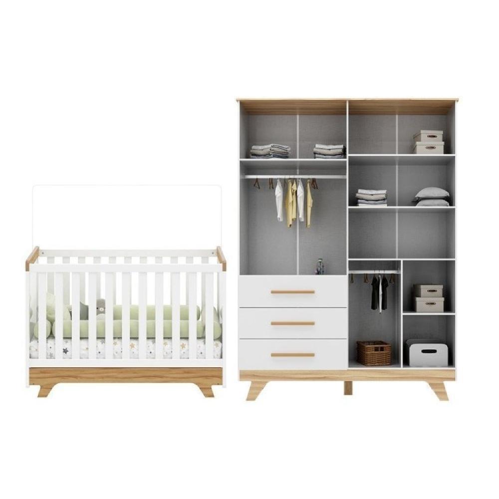 Miniatura Conjunto Quarto de Bebê com Guarda Roupa e Berço Kakau Retrô Espresso Móveis Branco Brilho/Amêndoa