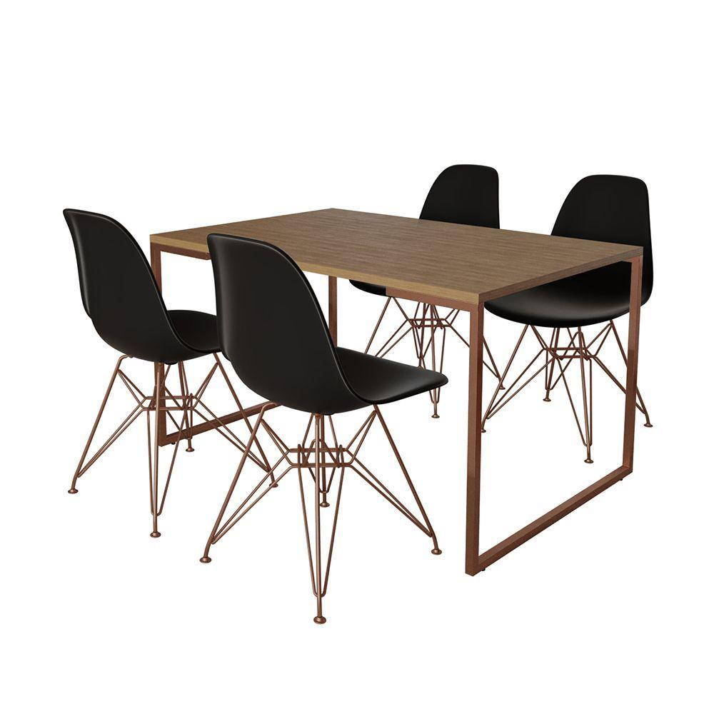 Mesa Industrial Base Ferro Cobre 137X90 Tampo Amêndoa 4 Cadeiras Eiffel Ferro Cobre Assento Preto