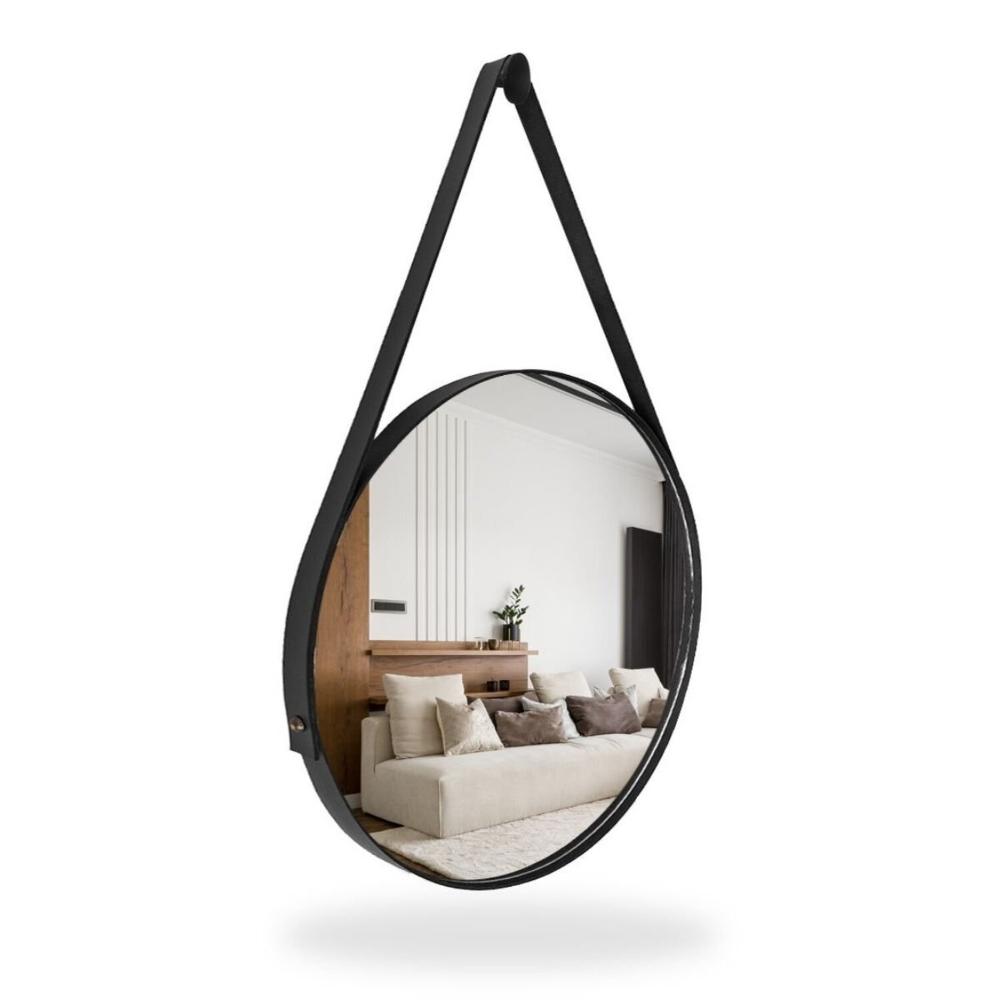 Miniatura Espelho Adnet Redondo 30cm com Alça e Suporte para Sala Quarto Banheiro Hall Preto