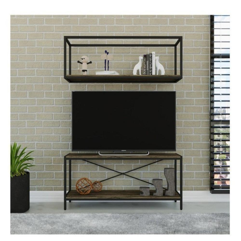 Miniatura Conjunto Rack para TV até 50 Polegadas 1 Nicho Aéreo Estilo Industrial Active Yescasa Carvalho Dark