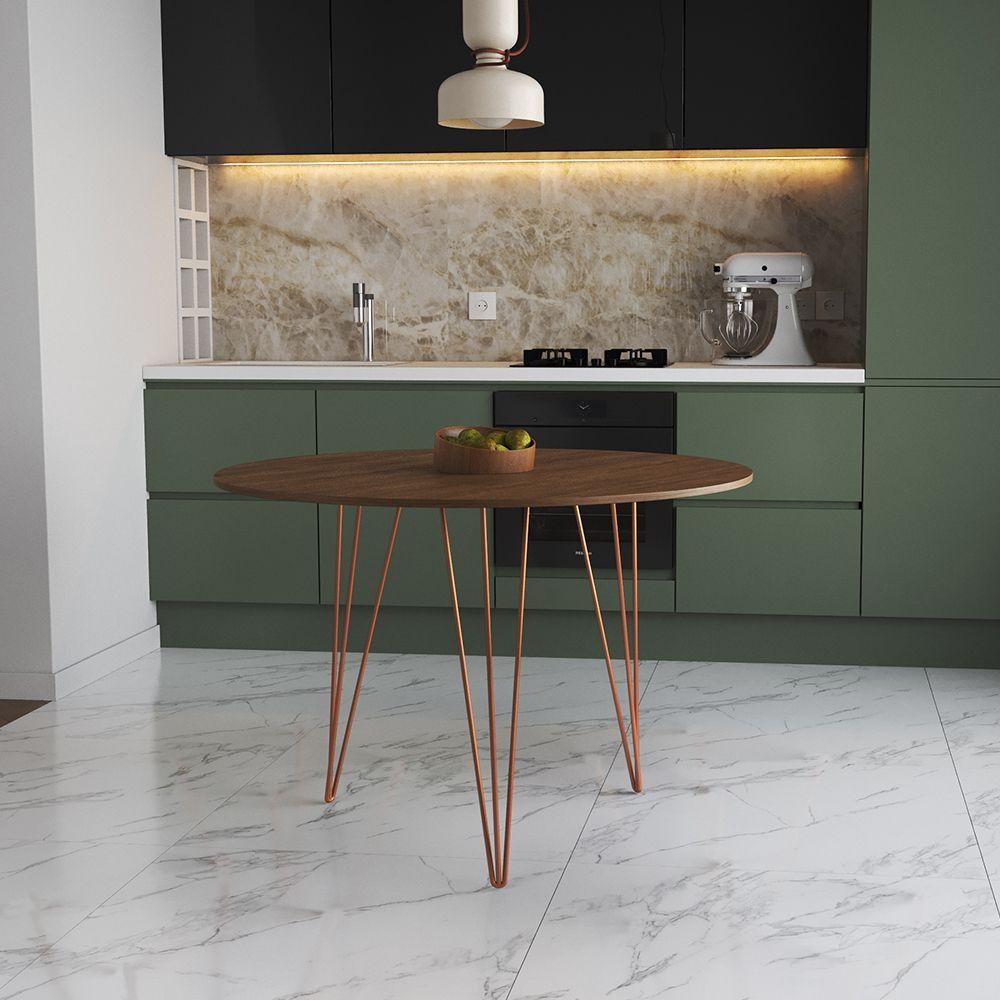 Miniatura Mesa De Jantar Redonda 90Cm Amêndoa Clips 3 Pés Base Cobre