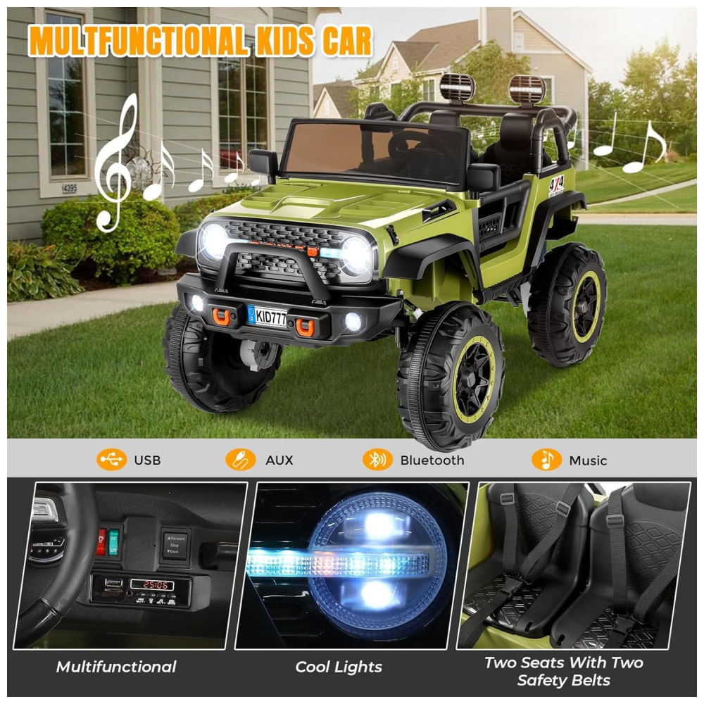 Carro Elétrico Infantil, Jeep 4x4 com Controle Remoto, 2 Lugares, Música via Bluetooth e Luzes LED, 24V, Hikole, Verde 110v