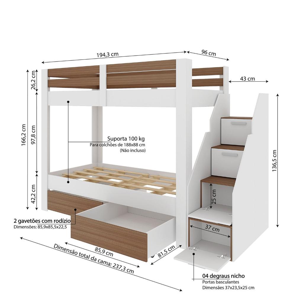 Miniatura Beliche Solteiro Adulto com 2 Gavetões e 4 Nichos Star Plus Casatema Branco/Amadeirado