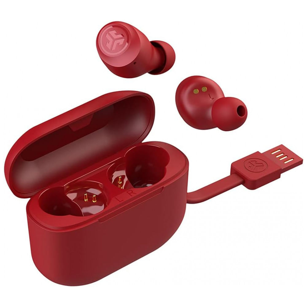 Miniatura Fones de Ouvido Bluetooth com Estojo de Carregamento e Resistência ao Suor IPX4, JLab Go Air Pop, Vermelho