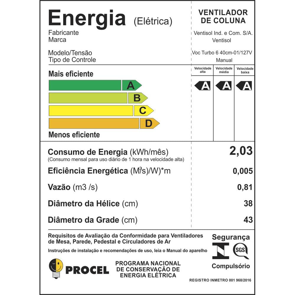 Ventilador de Coluna Ventisol Turbo, Preto 110 Volts