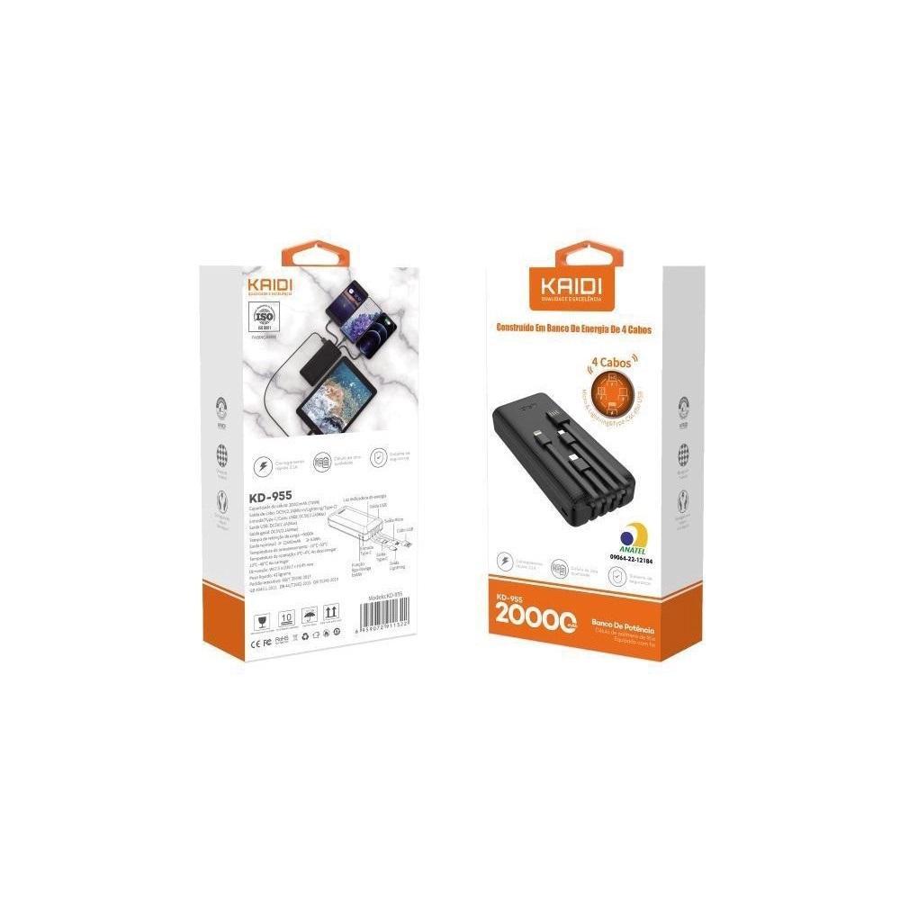 Miniatura Carregador Portátil Kaidi Kd-955 20000Mah Power Bank 4 Cabos