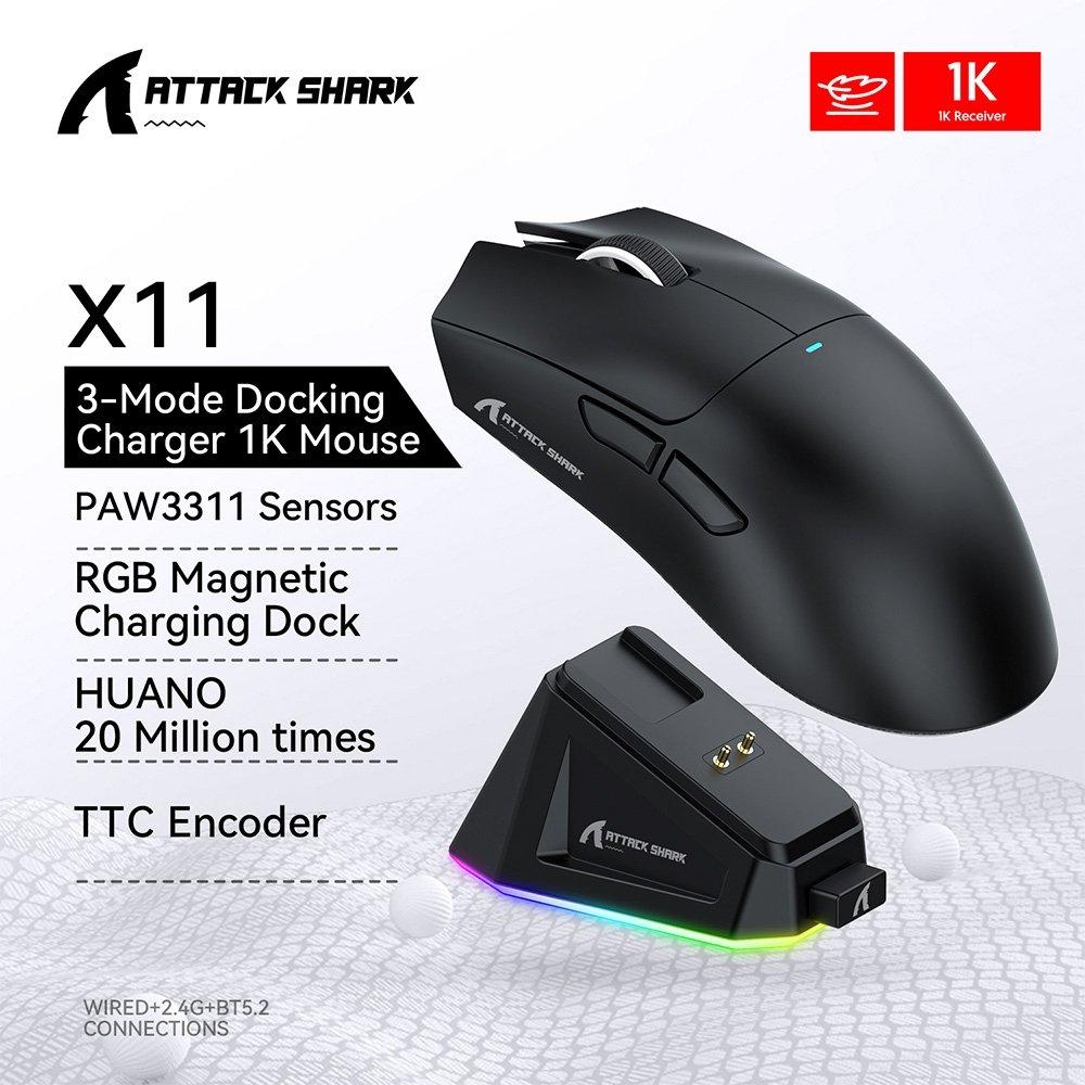 Miniatura Mouse Gamer sem Fio Attack Shark X11 com Dock Black