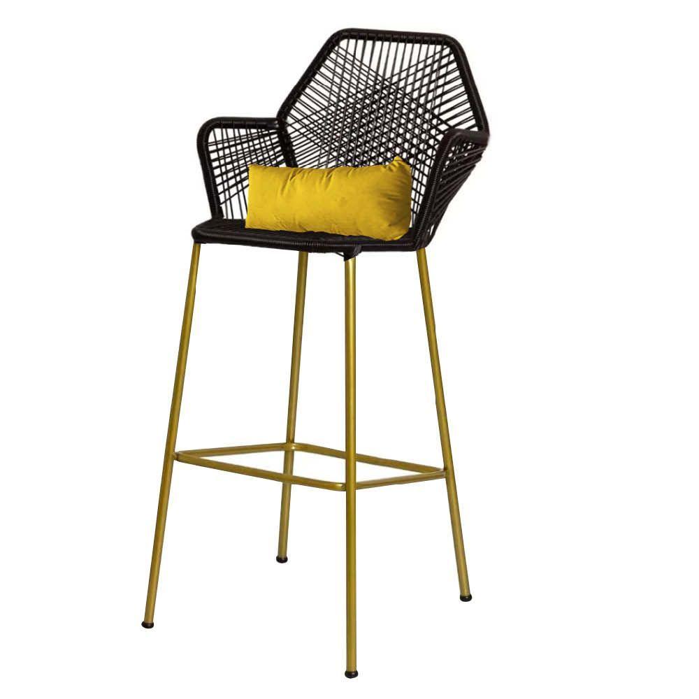 Miniatura Banqueta Alta Com Encosto Ferro Dourado Fibra Preto Almofada Amarelo